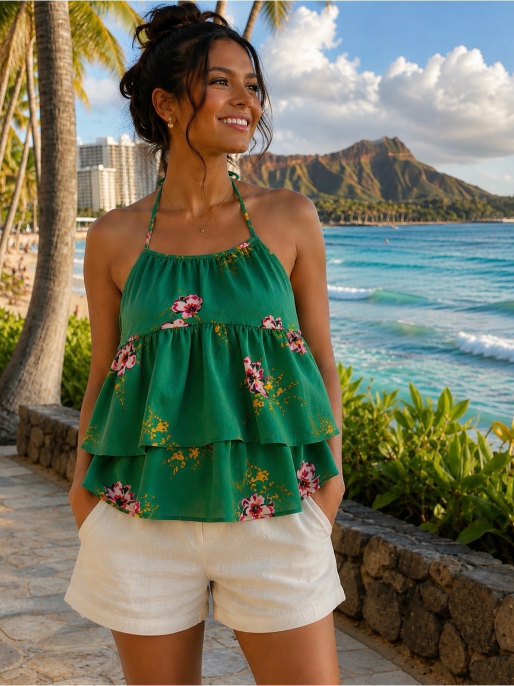 Timing Green Floral Halter Camisole with Pink Blooms